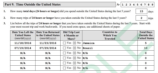 time outside the united states on form n-400