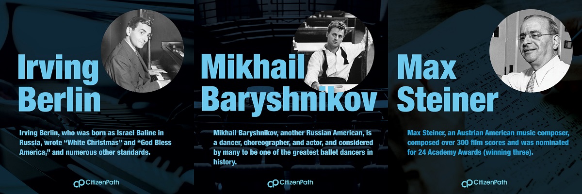 Immigrant artistic contributor: Mikhail Baryshnikov, a Russian American, is a dance, choreographer, and actor, and considered by many to be one of the greatest ballet dancers in history.