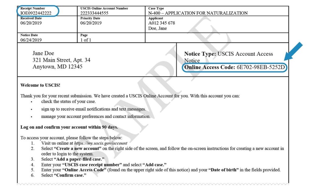 Example IOE receipt notice with the online access code for creating a USCIS online account