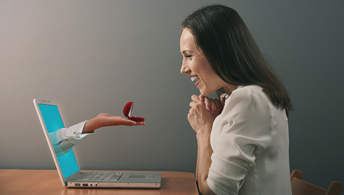 Representation of a proposal and web wedding with a man proposing through a computer screen