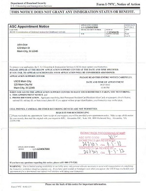 Biometrics Appointment Notice Sample (Form I-797 Notice of Action)